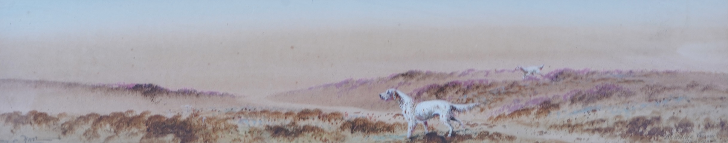 S E Hall (fl. 1910-1930), 'Evening glow, Dartmoor', Gundogs amongst heather, signed and inscribed, watercolour, 10 x 50cm, ornate gilt frame